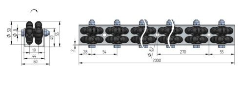520AS_rys Rollenleiste Typ 520AS - mit antistatischen Multidirektionale Rollen ø50 - L=2000mm