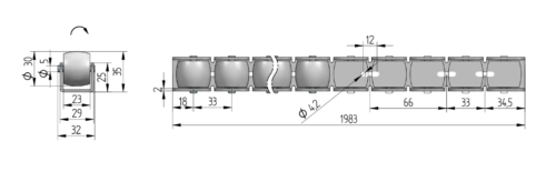Rollenleiste Typ 100GBB - gummierte Rollen - Torsionsprofil 1M - L=1983mm