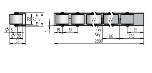 1432122252_Listwa-T100P Rollenleiste Typ 100P - PE-Rollen ø28mm, Lebensmittelindustrie - L=2000mm