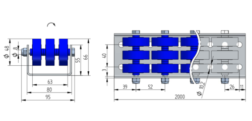 740-wymiary Rollenleiste Typ 740 - 3-fach PVC-Rollen ø48mm, blau - L=2000mm
