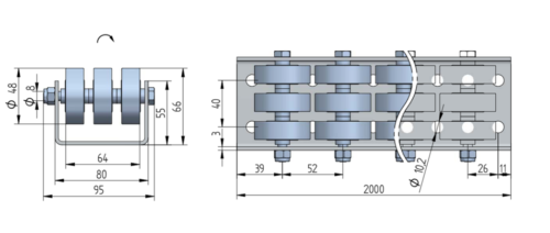 Rollenleiste Typ 741 - 3-fach Stahlrollen ø48mm, -30°C bis +140°C - L=2000mm
