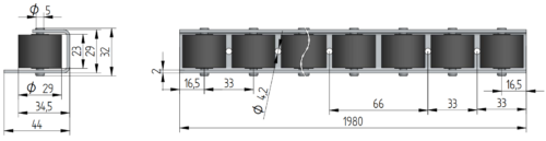 Rollenleiste Typ 100L symmetrisch - L-Profil mit Seitenführung, nahtloser Übergang - L=1980mm