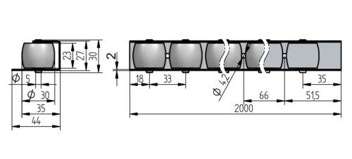 Rollenleiste Typ 100GL - gummierte Rollen - L=2000mm