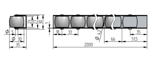 Rollenleiste Typ 100G - gummierte Rollen - L=1200mm