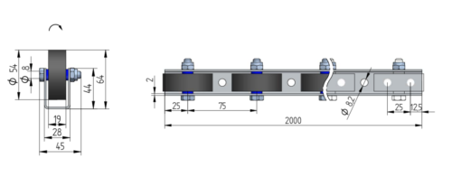 szyna-630G-wymiary Rollenleiste Typ 630G - gummierte Rollen ø54mm - L=2000mm