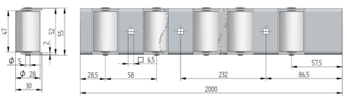 200STR Selbstreinigende Rollenleiste Typ 200STR – POM-C/Inox-Rollen ø27mm, bis +100°C – L=2000mm