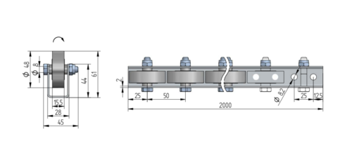 Rollenleiste Typ 621 – Stahlrollen ø48mm, Kugellager, P50 – L=2000mm