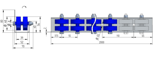 Rollenleiste Typ 640L – L-Profil mit Seitenführung, Doppelrollen PVC ø48mm, Kugellager, P55 – L=2000mm