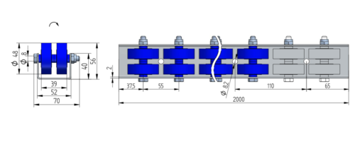 Rollenleiste Typ 640 – Doppelrollen PVC ø48mm, Kugellager, P55 – L=2000mm