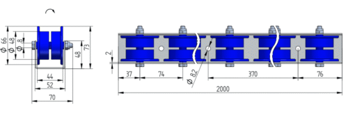 Rollenleiste Typ 643K – Bund-Rollen PP ø48/66mm, Kugellager, P74 – für Rundgut – L=2000mm