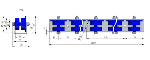 648_rys-1 Rollenleiste Typ 648 – Doppelrollen PP ø48+66mm, Kugellager, P74 – L=2000mm