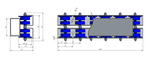 648rys Rollenleiste Typ 648 – Doppelrollen PP ø48+66mm, Kugellager, P74 – L=2000mm