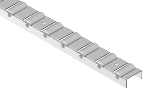 Listwa-T200ST-odwrocona Selbstreinigende Rollenleiste Typ 200STR – POM-C/Inox-Rollen ø27mm, bis +100°C – L=2000mm