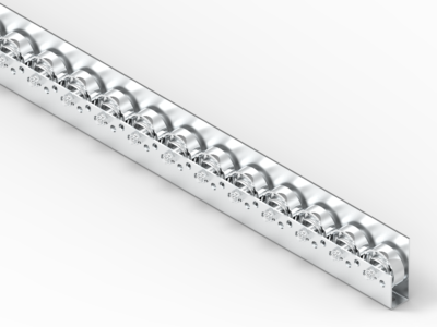 Rollenleiste Typ 621L – L-Profil mit Seitenführung, Stahlrollen ø48mm, Kugellager, P50 – L=2000mm