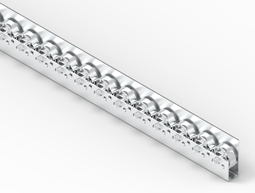 Listwa-T621L_N Rollenleiste Typ 621L – L-Profil mit Seitenführung, Stahlrollen ø48mm, Kugellager, P50 – L=2000mm