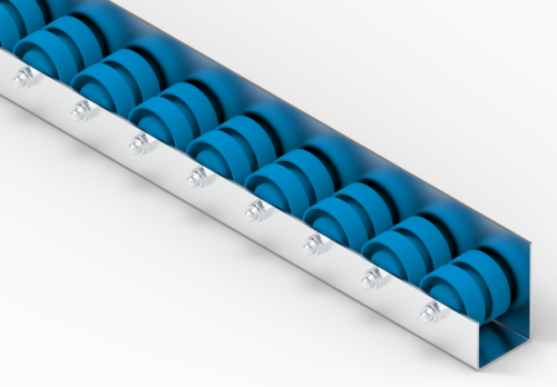 Rollenleiste Typ 640L – L-Profil mit Seitenführung, Doppelrollen PVC ø48mm, Kugellager, P55 – L=2000mm