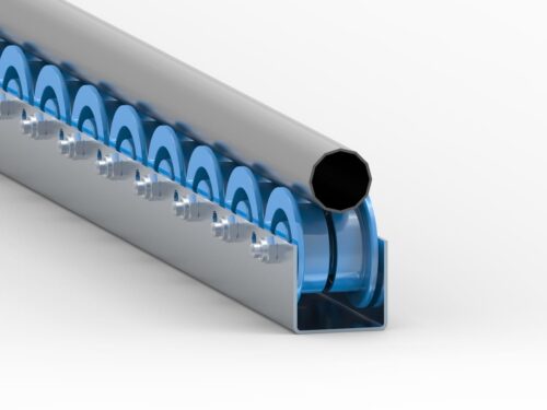Rollenleiste Typ 643K – Bund-Rollen PP ø48/66mm, Kugellager, P74 – für Rundgut – L=2000mm