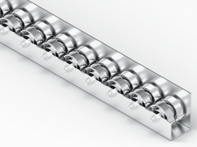 Rollenleiste Typ 645L – L-Profil mit Seitenführung, Stahlrollen ø48mm, Kugellager, P55 – L=2000mm