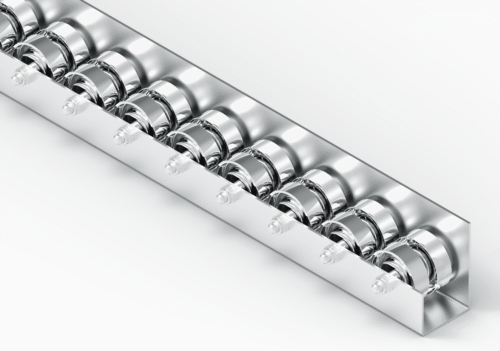Rollenleiste Typ 645L – L-Profil mit Seitenführung, Stahlrollen ø48mm, Kugellager, P55 – L=2000mm
