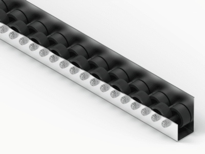 Rollenleiste Typ 656L – L-Profil mit Seitenführung, Doppelrollen PP ø42mm, P27 – L=2000mm
