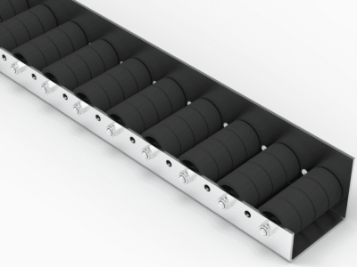 Rollenleiste Typ 681L – L-Profil mit Seitenführung, Vierfachrollen PP ø42mm, P54 – L=2000mm
