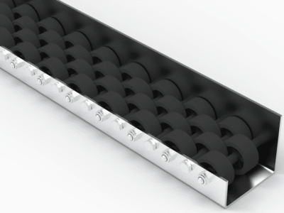 Rollenleiste Typ 686L – L-Profil mit Seitenführung, Vierfachrollen PP ø42mm, P27 – L=2000mm