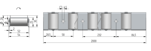 Selbstreinigende Rollenleiste Typ 200PR – PE-Rollen ø28mm, umgekehrtes Profil – L=2000mm
