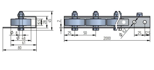 rysunek-621l-Rollenschienen-roller-rails-Tragrollen-ro Rollenleiste Typ 621L – L-Profil mit Seitenführung, Stahlrollen ø48mm, Kugellager, P50 – L=2000mm