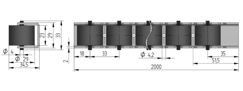 Rollenleiste Typ 100Q – PP-Rollen ø29mm, Schnellwechsel-System, P33 – L=2000mm