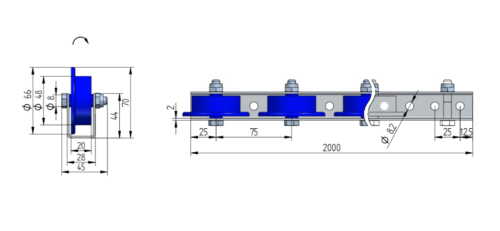 Rollenleiste Typ 620K – Bund-Rollen PVC ø48/66mm, Kugellager, P75 – L=2000mm