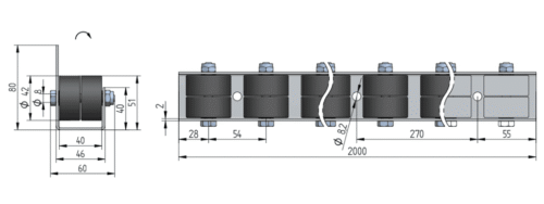 szyna-651L Rollenleiste Typ 651L – L-Profil mit Seitenführung, Doppelrollen PP ø42mm, P54 – L=2000mm
