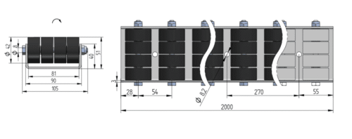 szyna-681 Rollenleiste Typ 681 – Vierfachrollen PP ø42mm, Gleitlager, P54 – L=2000mm
